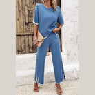 Vacation casual knitwear for women blue two-piece outfit with short sleeves and wide-leg pants