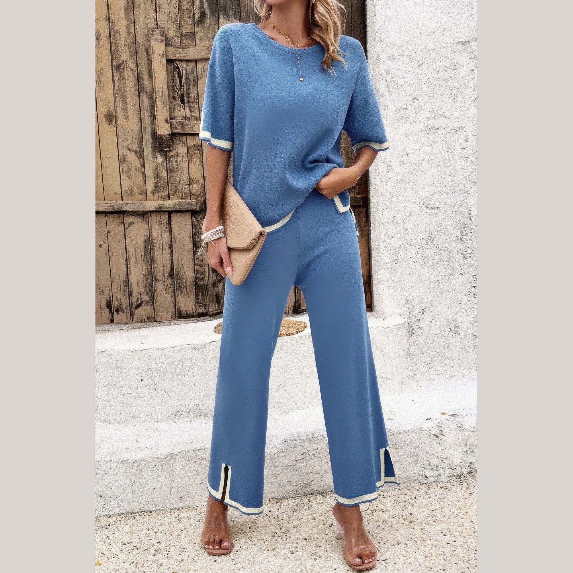Vacation casual knitwear for women blue two-piece outfit with short sleeves and wide-leg pants