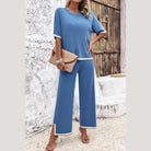Vacation casual knitwear for women blue knit top and wide-leg pants outfit set