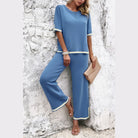 Vacation casual knitwear for women blue two-piece outfit set with white trim by VacationGrabs