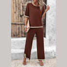 Vacation casual knitwear for women brown two-piece outfit with beige trim and wide-leg pants