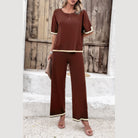 Vacation casual knitwear for women brown two-piece outfit with cream trim and wide-leg pants