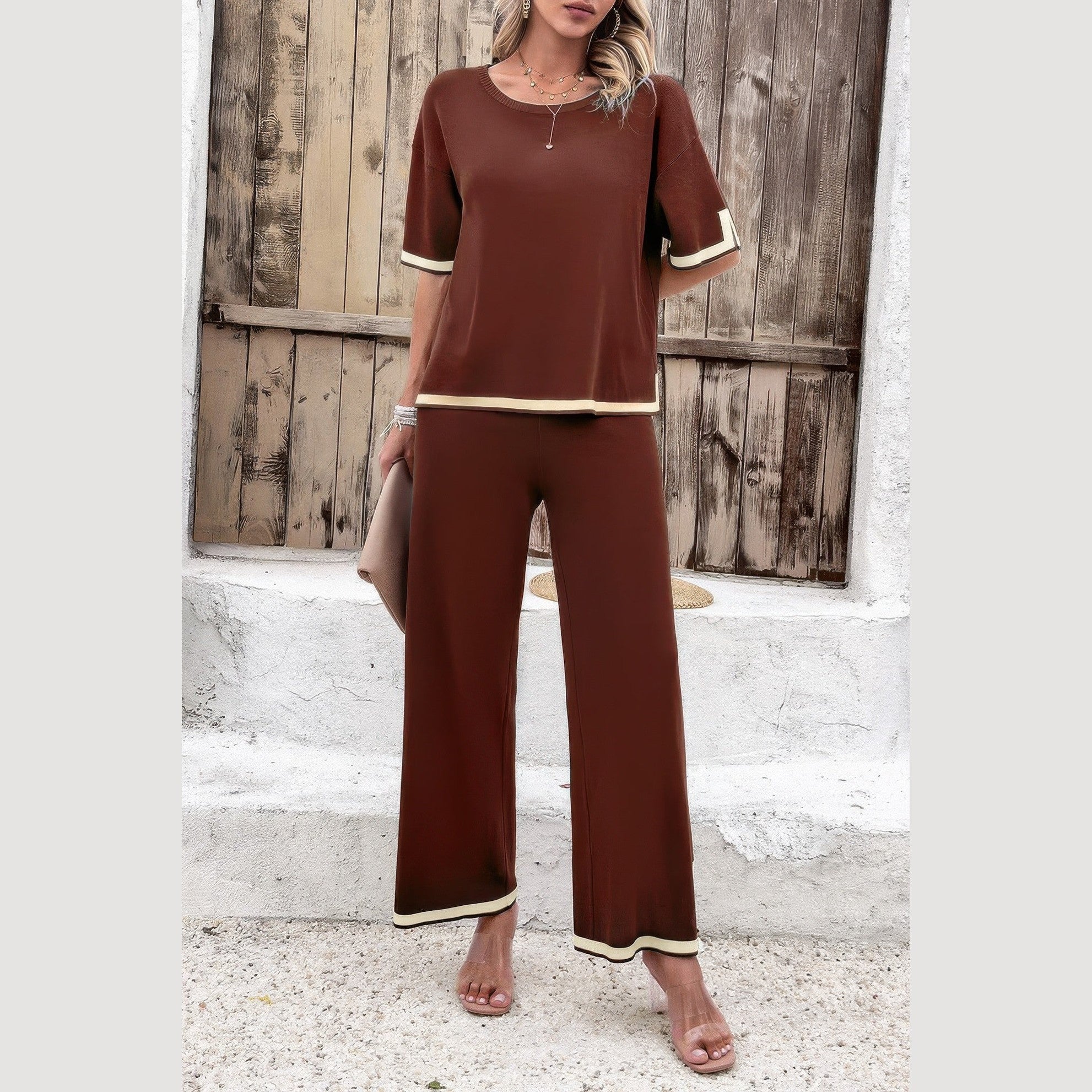 Vacation casual knitwear for women brown two-piece outfit with cream trim and wide-leg pants