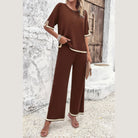 Vacation casual knitwear for women brown knit top and wide leg pants set with cream trim