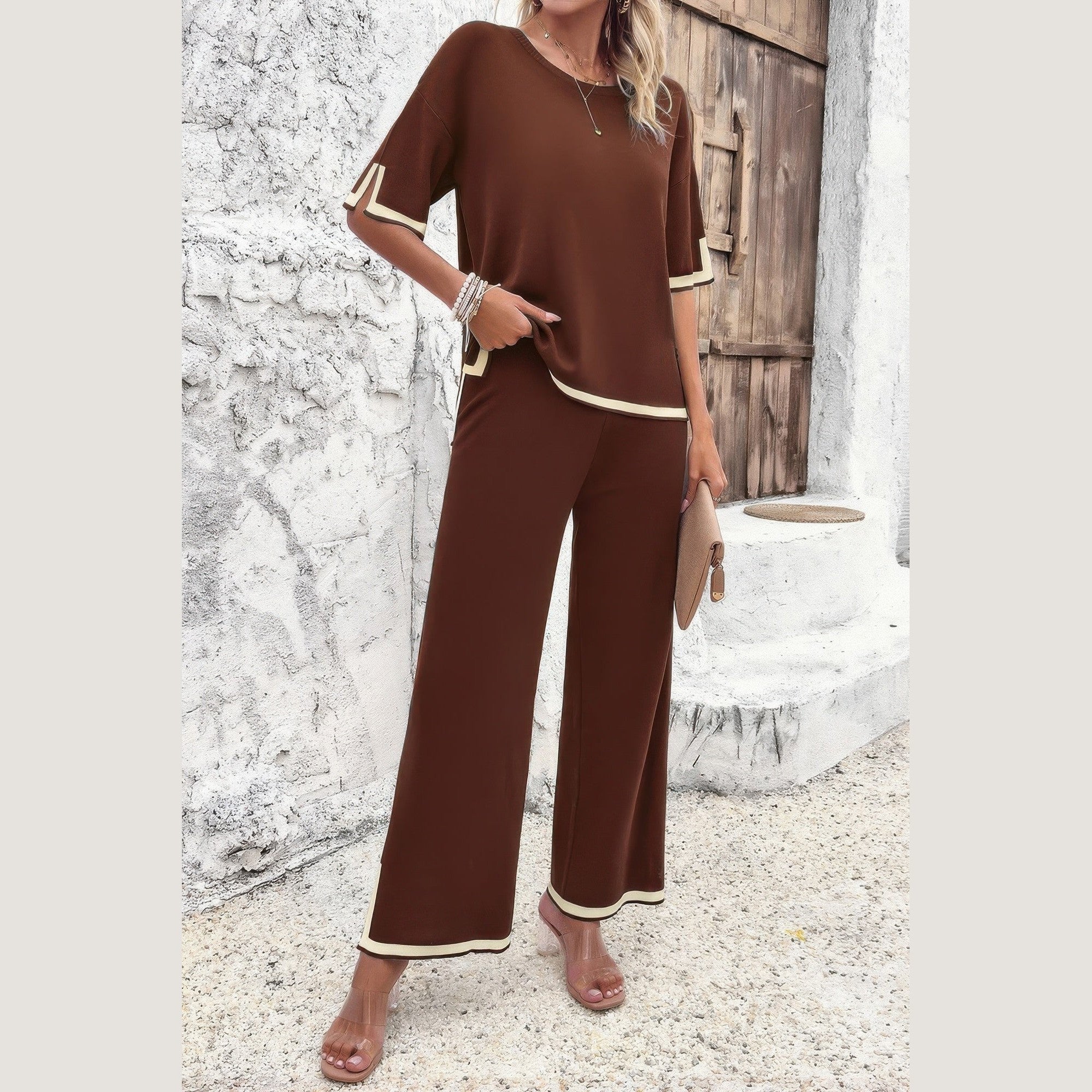 Vacation casual knitwear for women brown knit top and wide leg pants set with cream trim