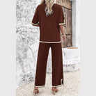 Brown vacation casual knitwear for women set with cream trim featuring short sleeve top and wide-leg pants
