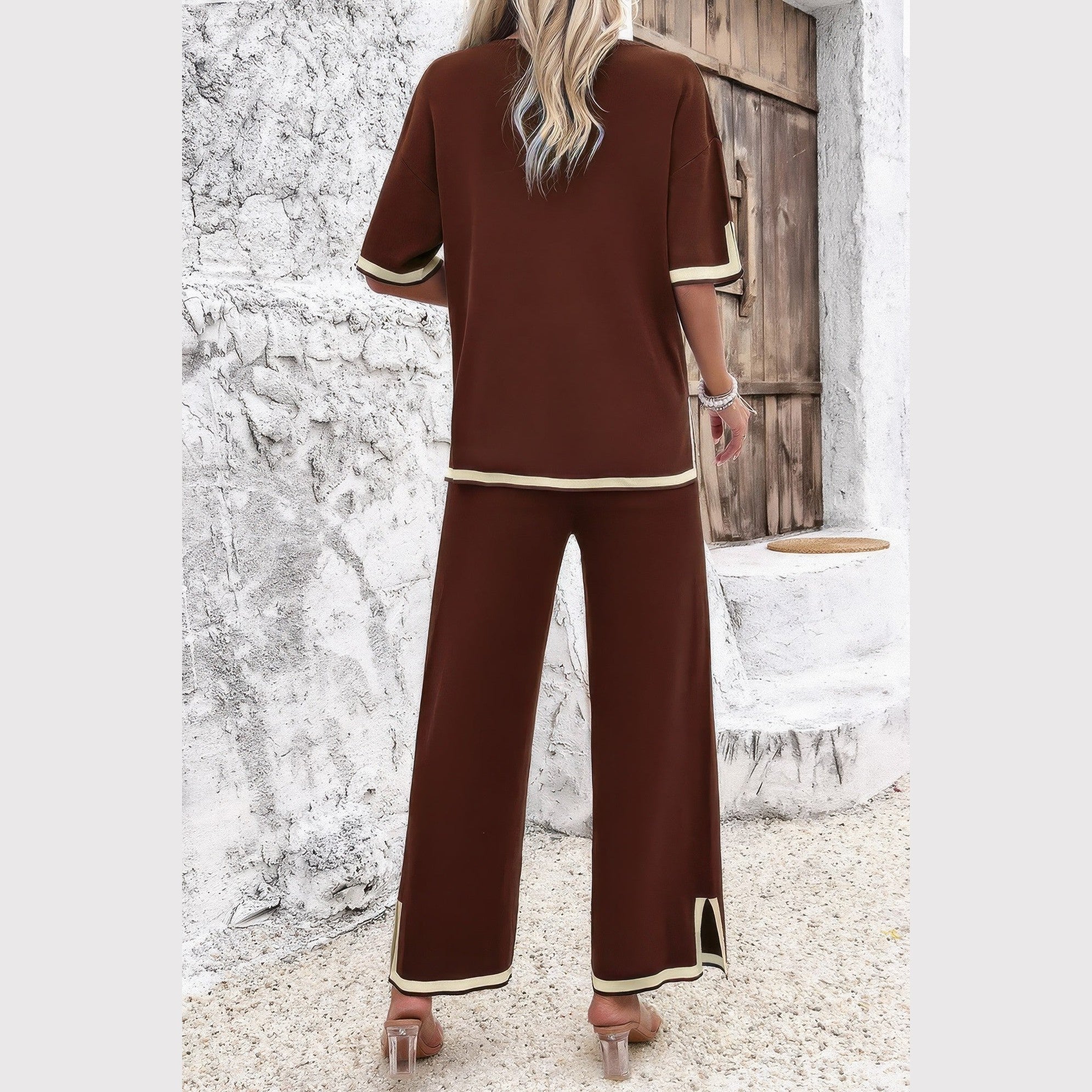 Brown vacation casual knitwear for women set with cream trim featuring short sleeve top and wide-leg pants