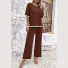 Vacation casual knitwear for women brown two-piece set with cream trim and relaxed fit