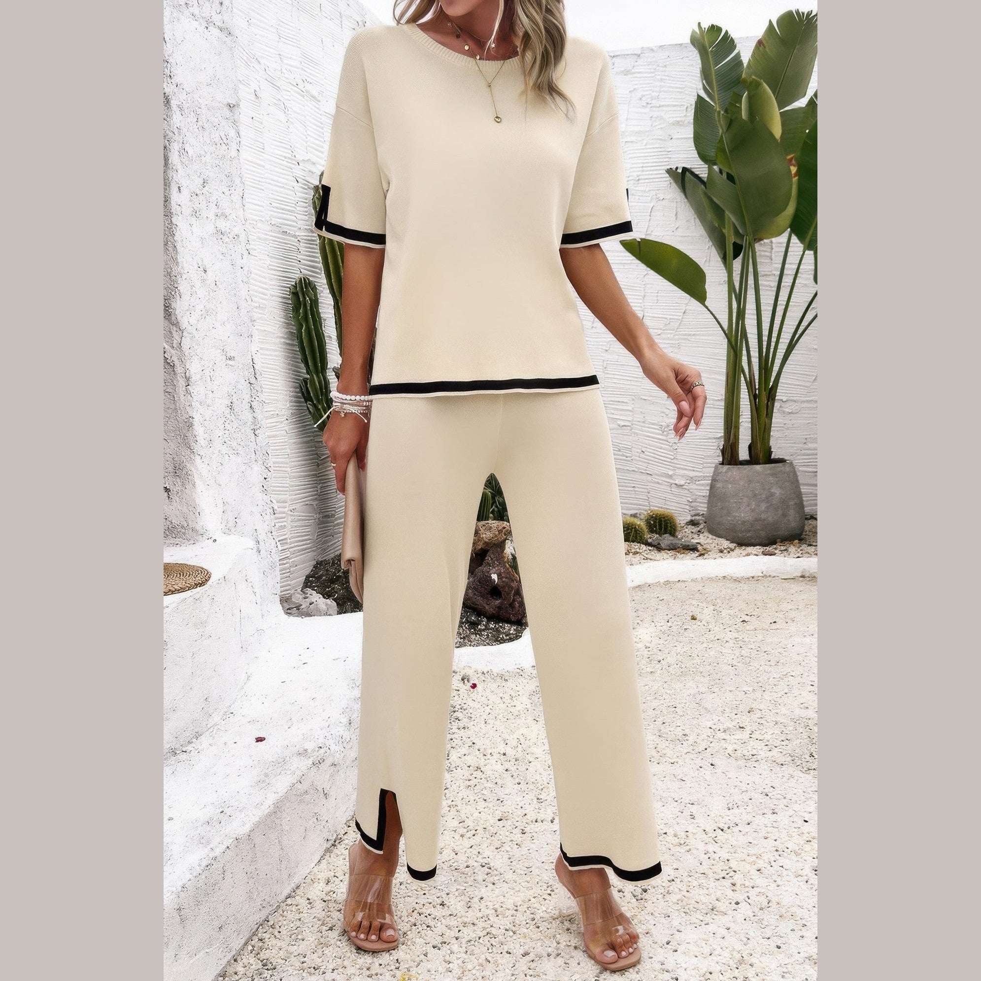 VacationGrabs women's vacation casual knitwear for women beige two-piece outfit set with black trim