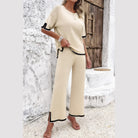 Vacation casual knitwear for women beige two-piece outfit with black trim from VacationGrabs