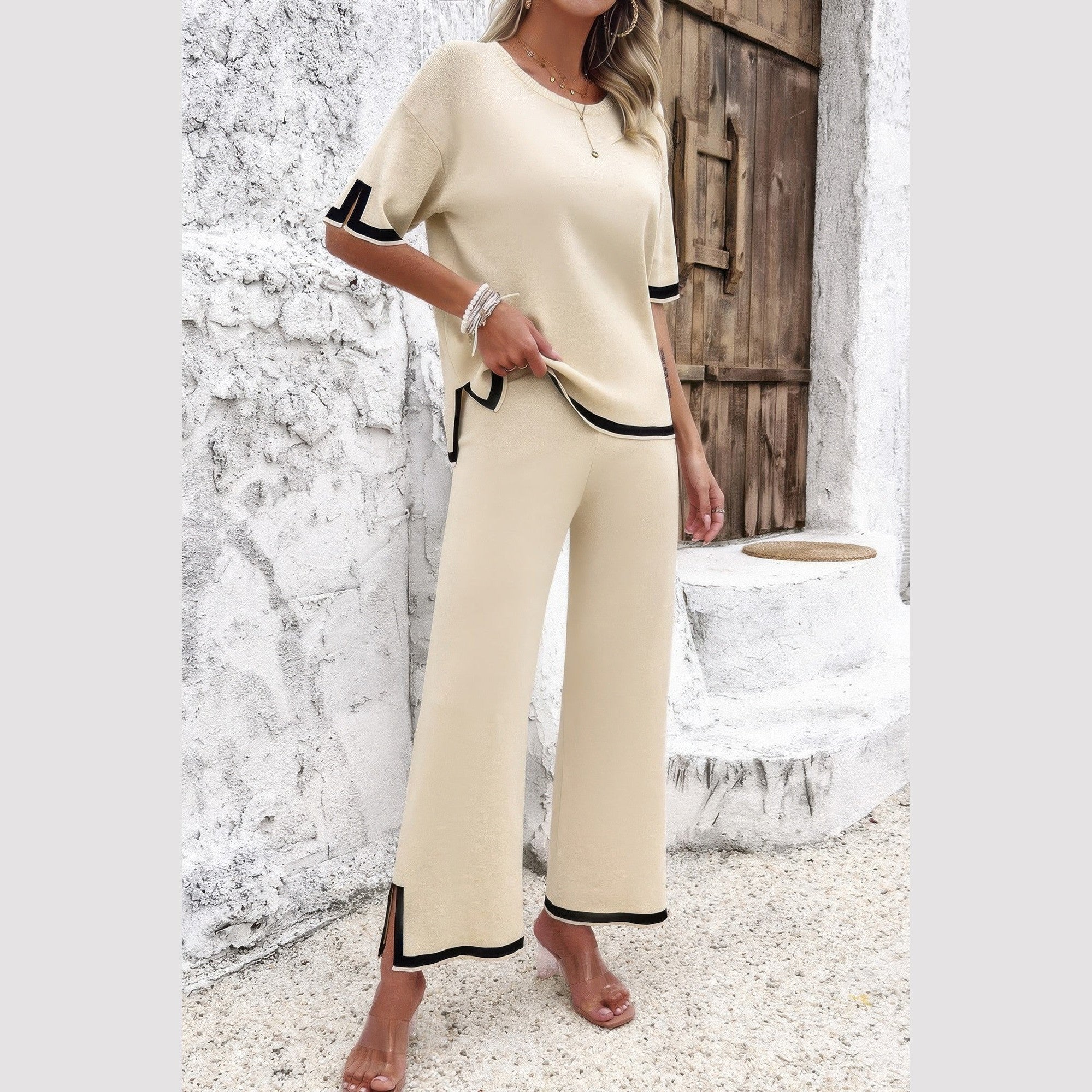 Vacation casual knitwear for women beige two-piece outfit with black trim from VacationGrabs