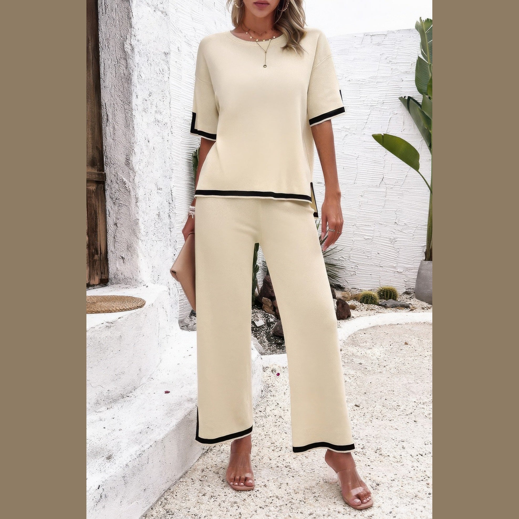 Vacation casual knitwear for women two-piece set in cream with black trim by VacationGrabs