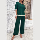 VacationGrabs women’s green vacation casual knitwear for women set with white trim and wide-leg pants