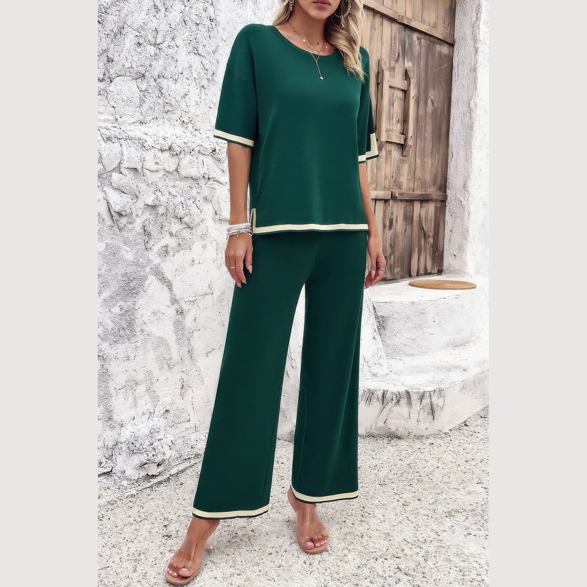 VacationGrabs women’s green vacation casual knitwear for women set with white trim and wide-leg pants