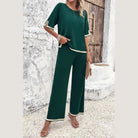 Vacation casual knitwear for women dark green two-piece outfit with cream trim and wide-leg pants