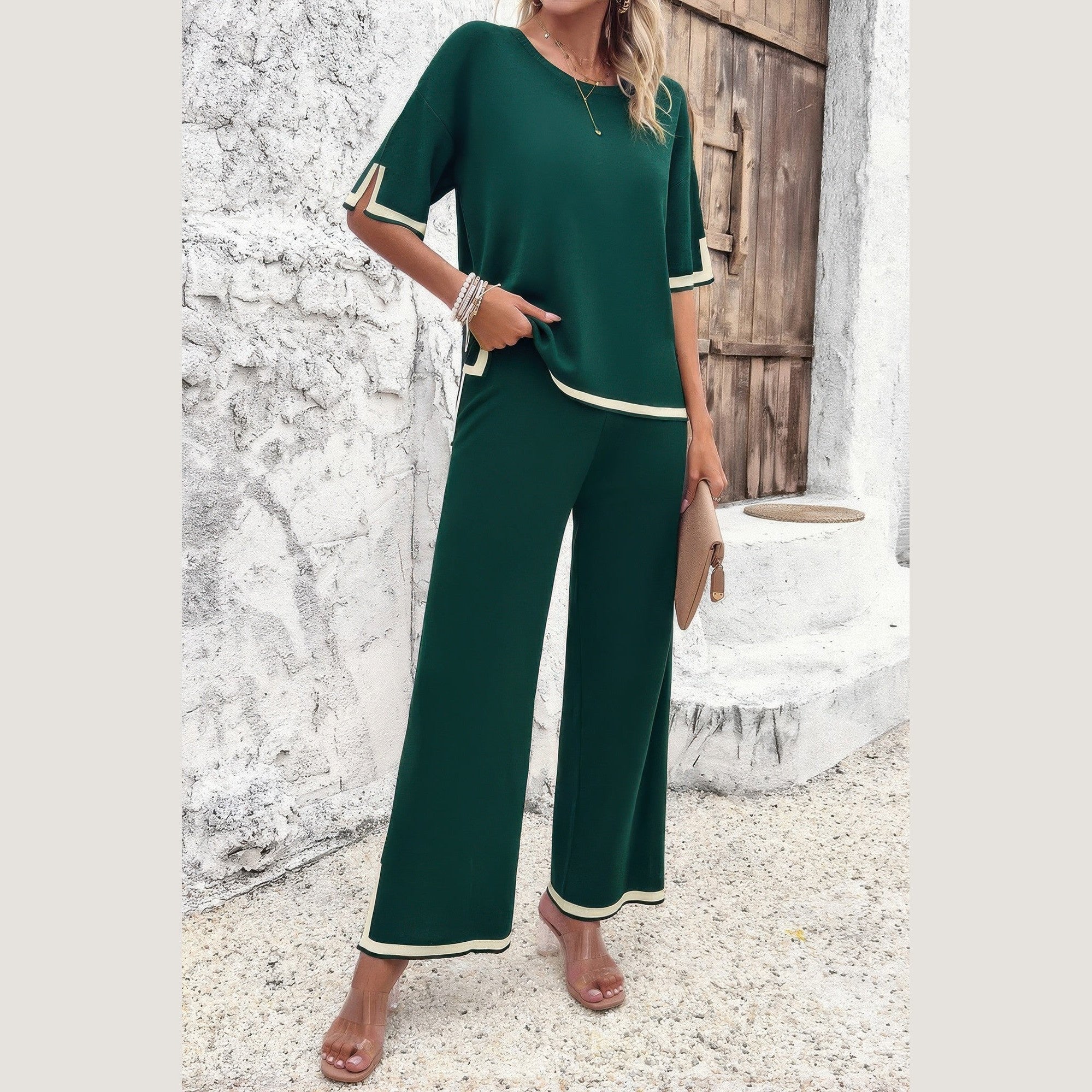 Vacation casual knitwear for women dark green two-piece outfit with cream trim and wide-leg pants