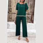Vacation casual knitwear for women green two-piece outfit with white trim by VacationGrabs