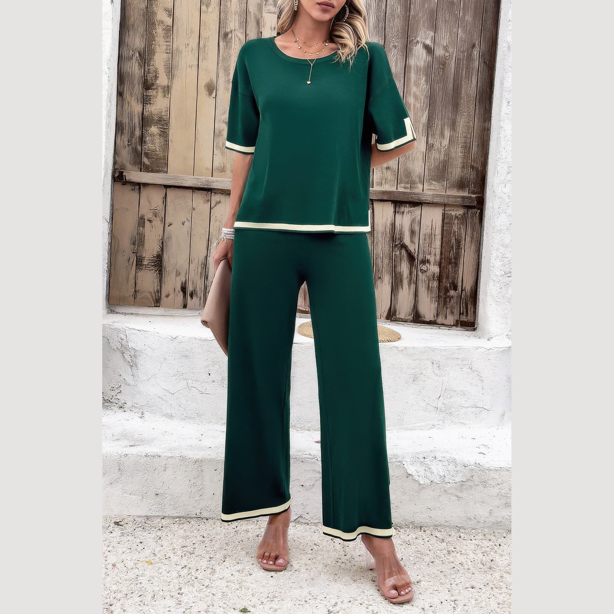 Vacation casual knitwear for women green two-piece outfit with white trim by VacationGrabs