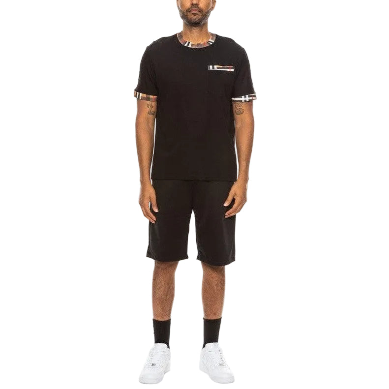 WEIV men's black vacation casual shorts for men paired with a matching black t-shirt and white sneakers