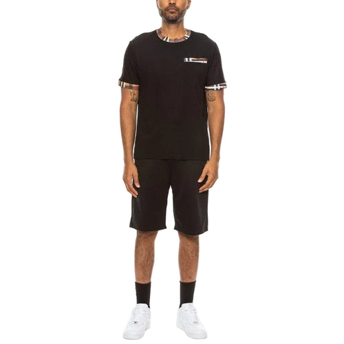WEIV men's black vacation casual shorts for men paired with a matching black t-shirt and white sneakers