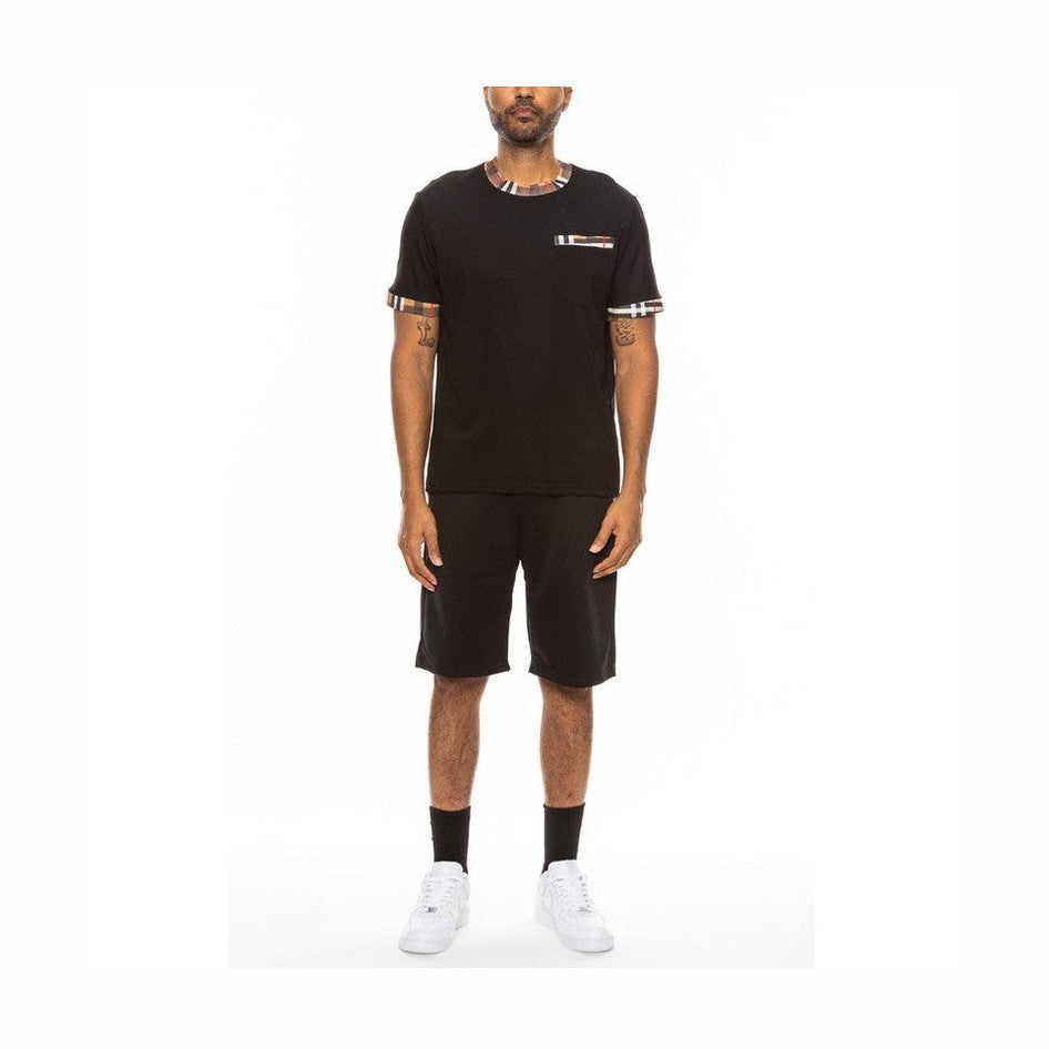 WEIV men's black vacation casual shorts for men paired with a matching black t-shirt and white sneakers