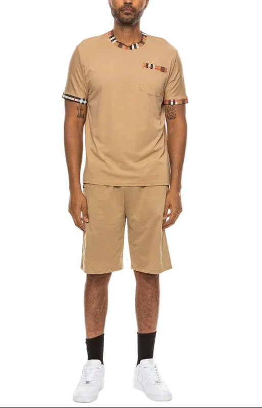 WEIV men's beige vacation casual shorts for men paired with matching short sleeve shirt