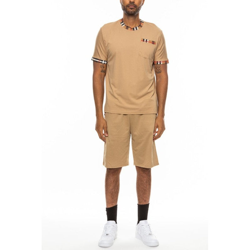 WEIV men's beige vacation casual shorts for men paired with matching short sleeve shirt