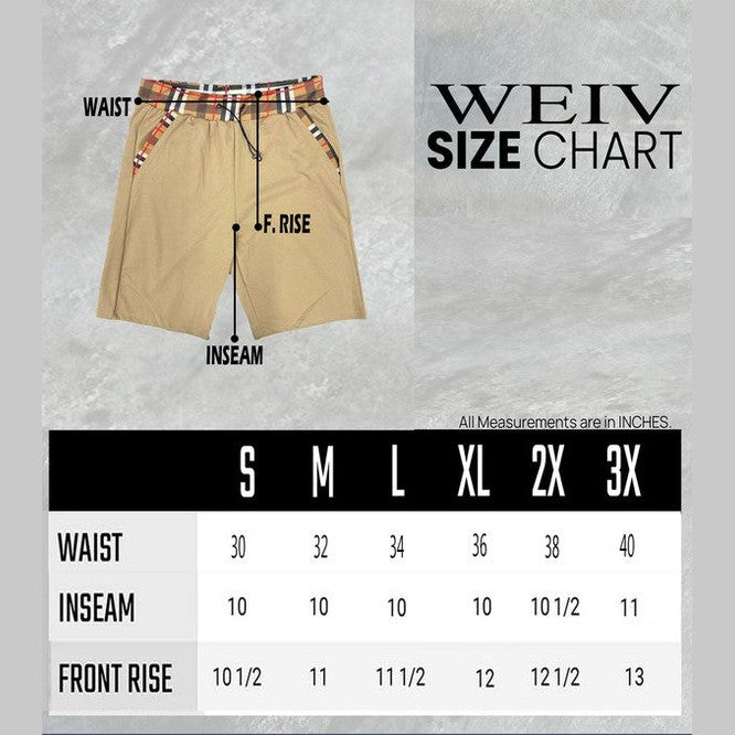WEIV men's vacation casual shorts for men in beige with plaid waistband detail size chart