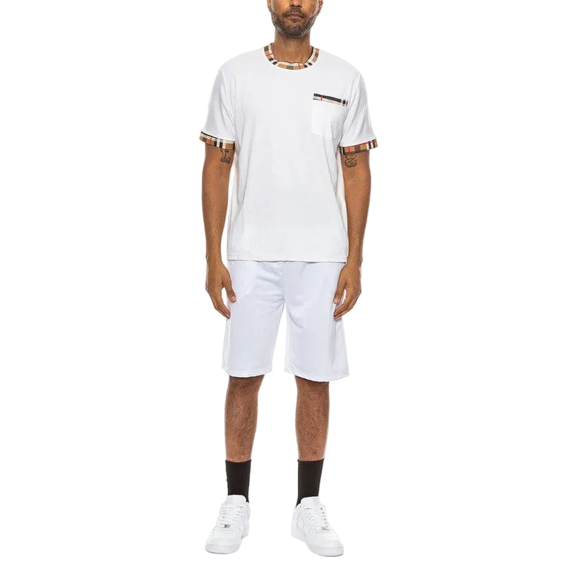 WEIV men's white vacation casual shorts for men paired with matching white t-shirt and sneakers