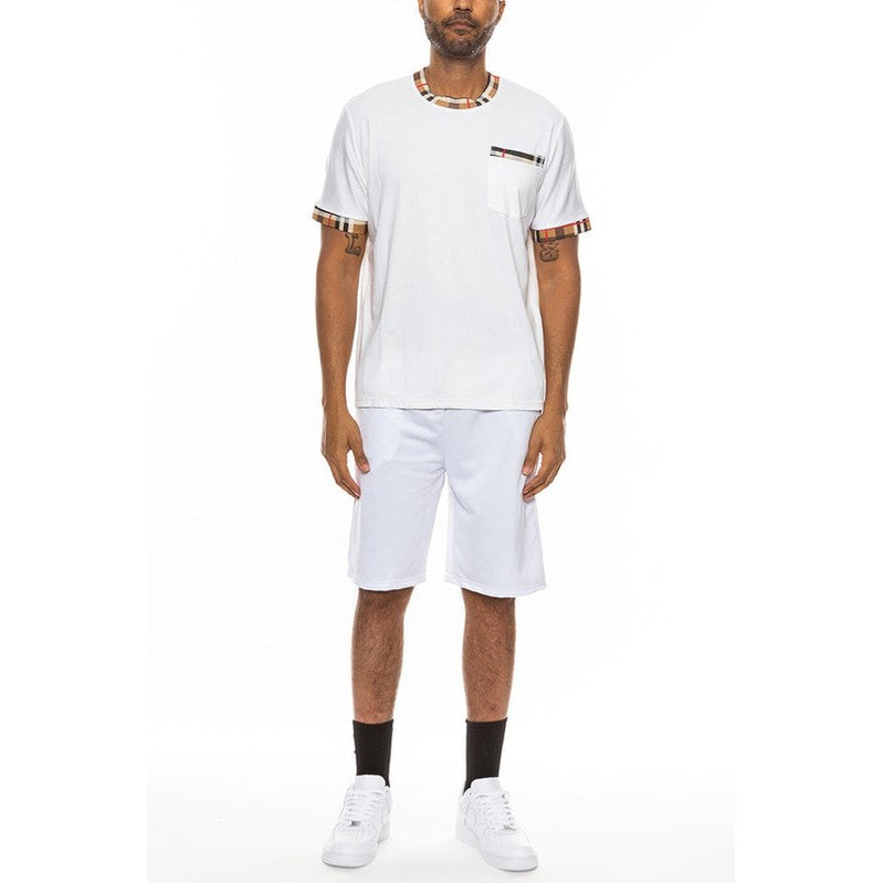 WEIV men's white vacation casual shorts for men paired with matching white t-shirt and sneakers