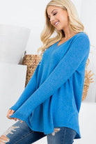 P & ROSE COLLECTION Women's Blue V-Neck Vacation Casual Tops with Long Sleeves