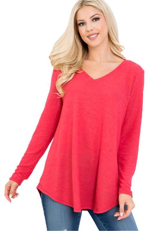P & ROSE COLLECTION Women's V-Neck Shirt in Bright Pink for vacation casual tops