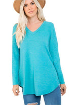 P & ROSE COLLECTION Women's Vacation Casual Tops in Aqua with V-Neck Design and Long Sleeves