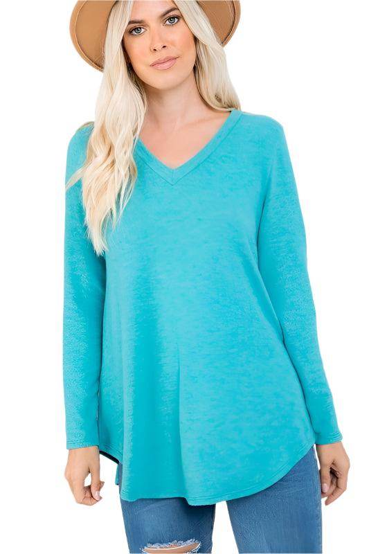 P & ROSE COLLECTION Women's Vacation Casual Tops in Aqua with V-Neck Design and Long Sleeves