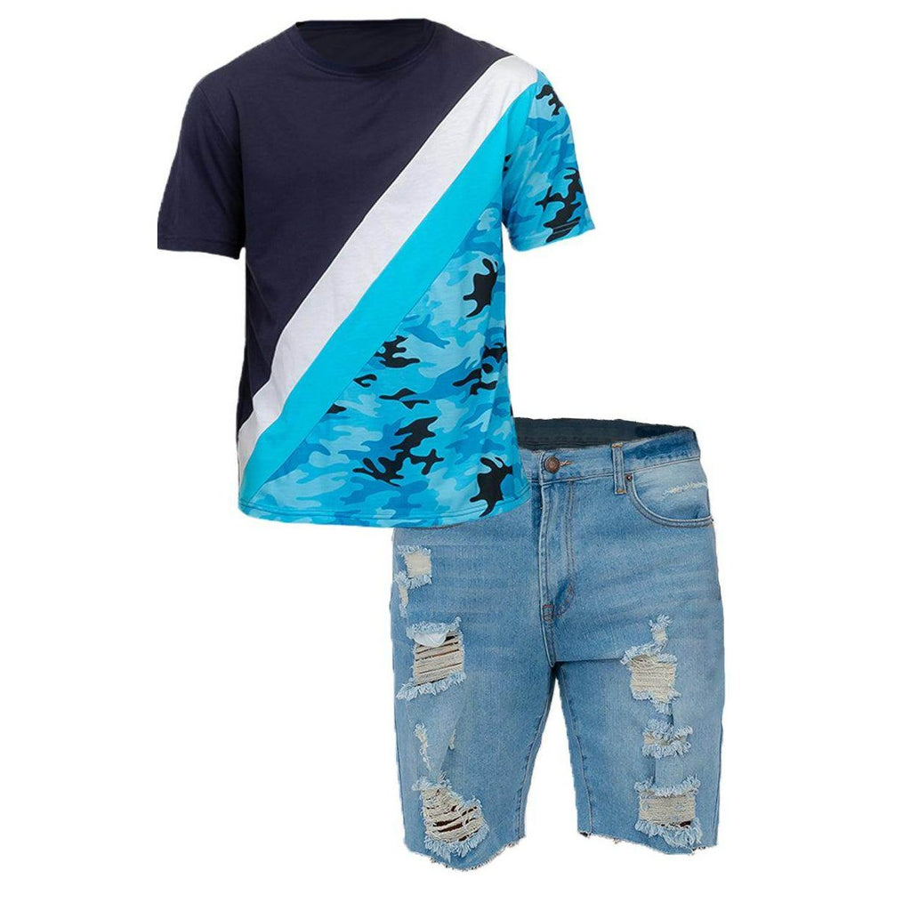 Men's blue vacation denim shorts with distressed detailing, perfect for summer outings