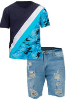 Men's blue vacation denim shorts with distressed detailing, perfect for summer outings