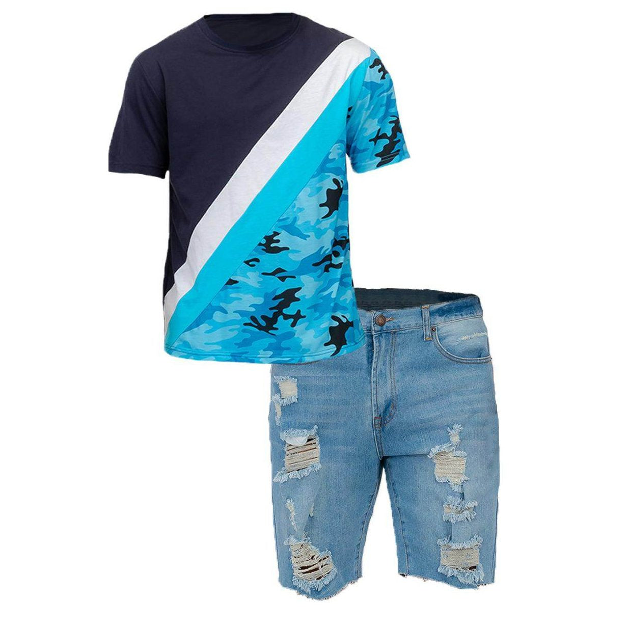 Men's blue vacation denim shorts with distressed detailing, perfect for summer outings