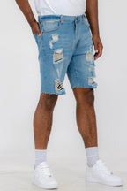 Men's vacation denim shorts by WEIV with distressed detailing and a relaxed fit