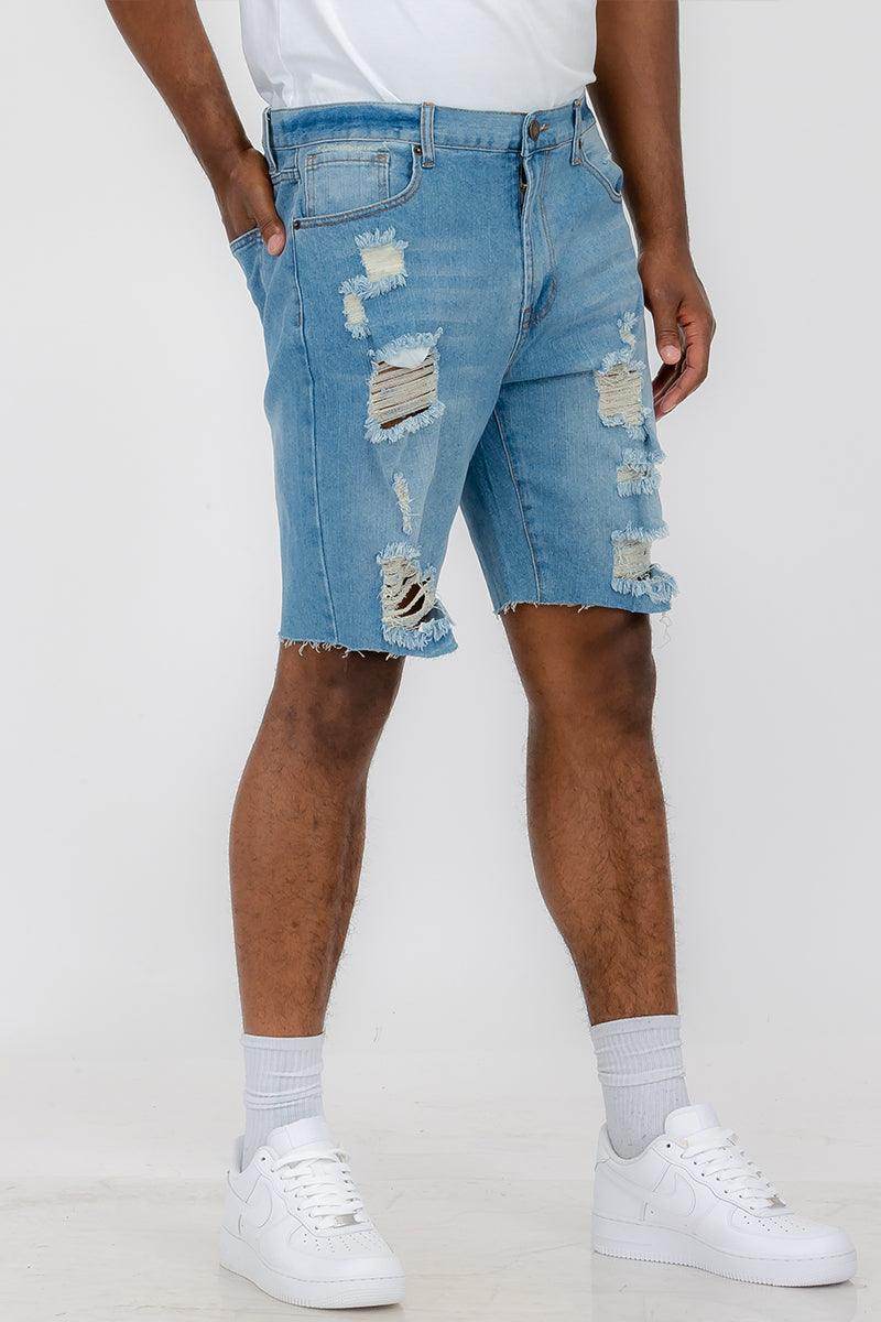 Men's vacation denim shorts by WEIV with distressed detailing and a relaxed fit