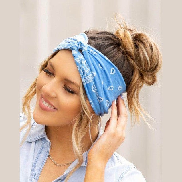 Light blue bandana style headband from Aili's Corner for stylish vacation hair accessories