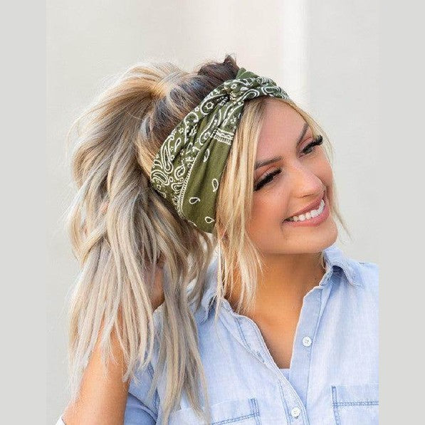 Olive green bandana style headband, perfect vacation hair accessories for a stylish look
