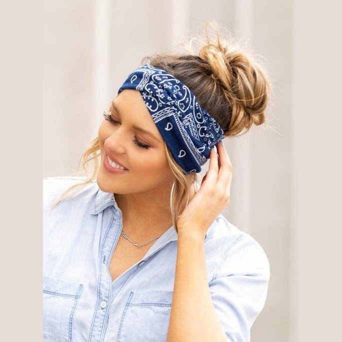 Navy Blue Bandana Hair Wrap from Aili's Corner, perfect vacation hair accessories for stylish looks