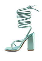 Stylish mint green vacation heels for women with unique spiral ankle strap and block heel design