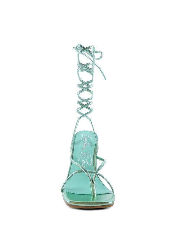 Rag Company Mint Green Vacation Heels for Women with Stylish Lace-Up Design