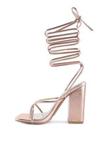 Stylish Rag Company vacation heels for women with a unique spiral ankle design and chunky heel
