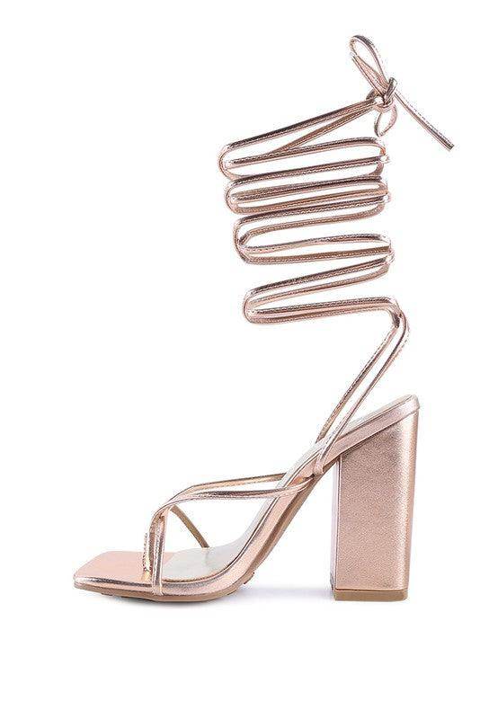 Stylish Rag Company vacation heels for women with a unique spiral ankle design and chunky heel