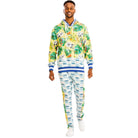 Men's 2PC vacation hoodie sweatpants set featuring tropical print and vibrant colors for stylish comfort