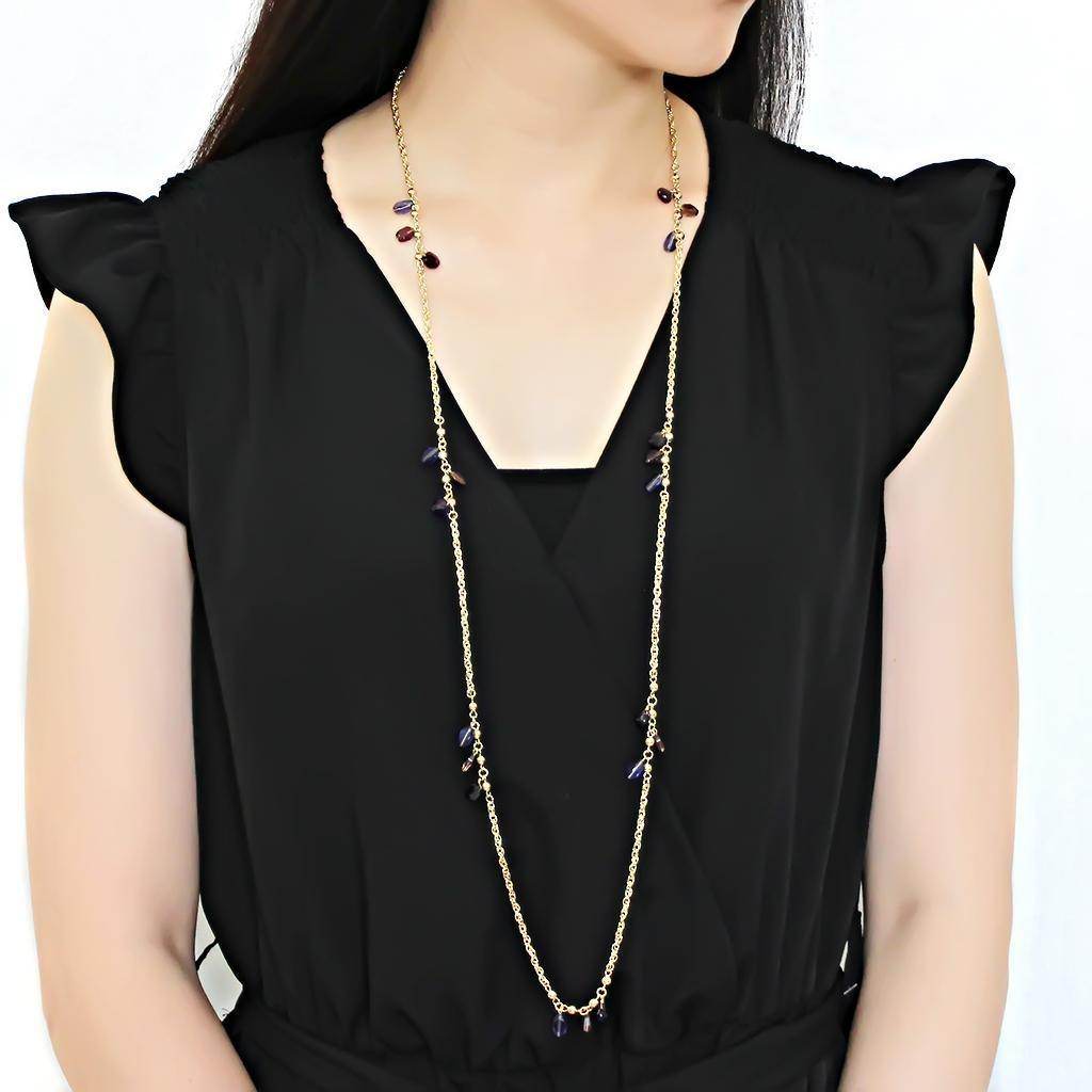 Elegant Vacation Jewelry for Women - Long Necklace with Purple Accents and Gold Chain