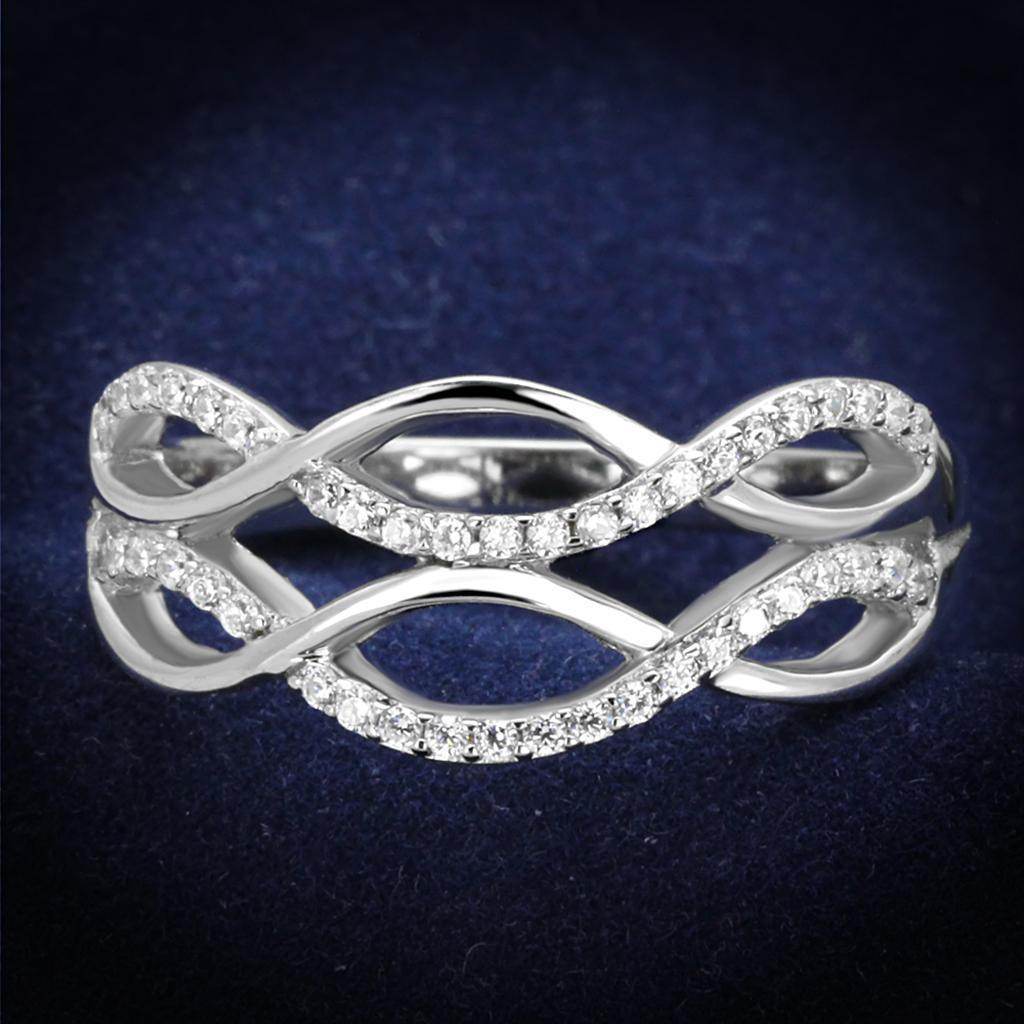 Elegant silver ring with intertwined design and sparkling stones, perfect vacation jewelry for women