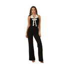 Elegant black vacation jumpsuit outfit for women featuring a halter neck and wide-leg design